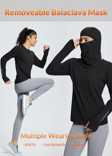 Baleaf Winter Thermal Shirts Women Warm Fleece Running Tops With Balaclava And Thumbholes Outdoor Hiking Cycling Black L thumb #2