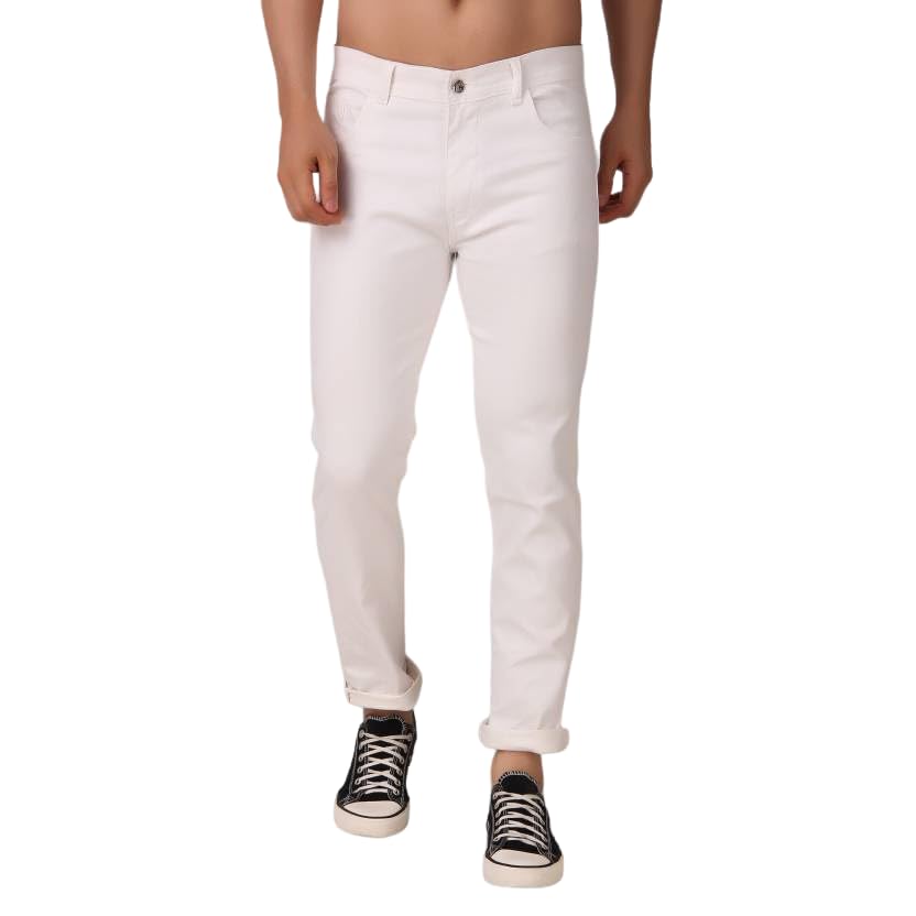 Image of Men Regular Mid Rise White Cotton Blend Jeans | Solid Casual Jeans (28, White)
