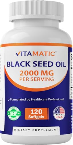 Vitamatic Black Seed Oil 2000 mg Per Serving Cold-Pressed Nigella Sativa (Black Cumin) Oil High Potency Softgels for Daily Wellness Support 120 Count