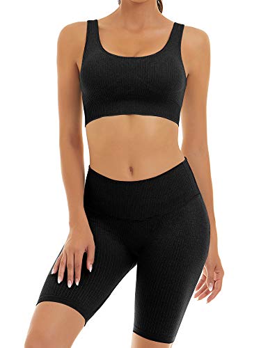 Toplook Women Seamless Ribbed Yoga Outfits 2 Pieces Gym Bike Shorts + Sport Bra (Black, Medium)