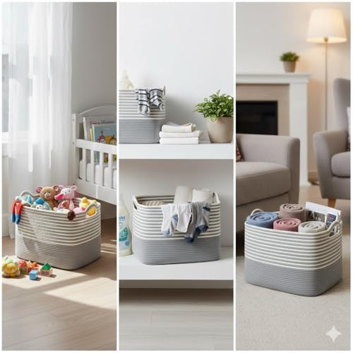 Image of Large Storage Basket, Woven Blanket Basket, Toy Basket with Handle, Laundry Hamper for Living Room, Nursery, Bedroom- 20x15x12 (LXWXH) (grey mix)