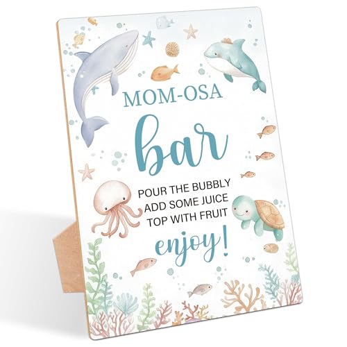 Under The Sea Baby Shower Table Sign, Mom-osa Bar Sign, Pack of 1 Wooden Tabletop Sign with Stand, Sea Creatures Ocean Baby Shower Supplies, Gender Reveal Party Decorations - RG49