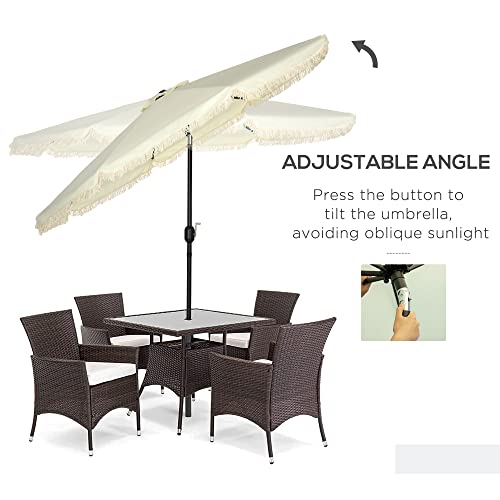 Outsunny 9Ft Patio Umbrella With Push Button Tilt And Crank, Ruffled Outdoor Market Table Umbrella With Tassles And 8 Ribs, For Garden, Deck, Pool, Cream White #TOP3