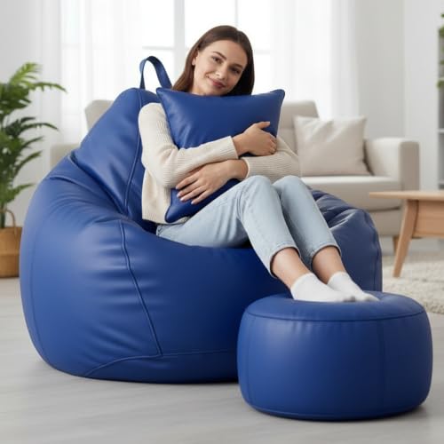 Image of KAM'S LIEU Leatherette Bean Bag Chair with Footrest | Filled with EPS Beans | Comfortable Sofa for Living Room & Bedroom | 4XL Size, Easy to Clean Color- (Royal Blue)