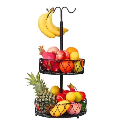 Cesta De Frutas De 2 Niveles Con 2 Ganchos Para Plátanos - Soporte Para Frutas Desmontable | Cestas Para Cuencos De Frutas Y Verduras | Cesta De Alambre De Metal Para Encimera De Cocina, Soporte De Fr