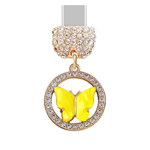 Bouchon anti-poussière Type-C cristal papillon jaune pour smartphone iPhone 16 et Samsung