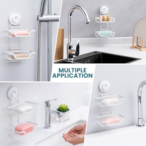 Image of TAILI Double Layer Soap Holder, Bar Soap Dish Suction Cup for Shower Wall, Draining Saver Tray for Bathroom, Rustproof Stainless Steel Sponge Holder for Tub, Kitchen, Drill-Free, White