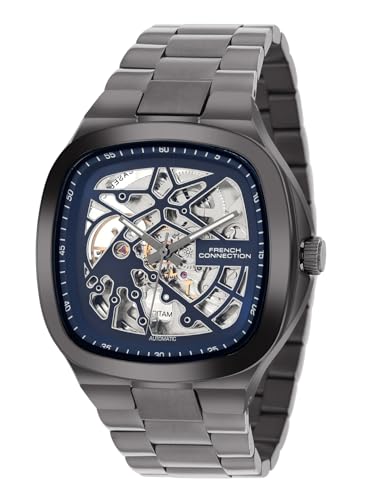 Image of French Connection See Through Blue Square Dial | Gun Stainless Steel Strap Automatic Watch for Mens FCA16UGNM