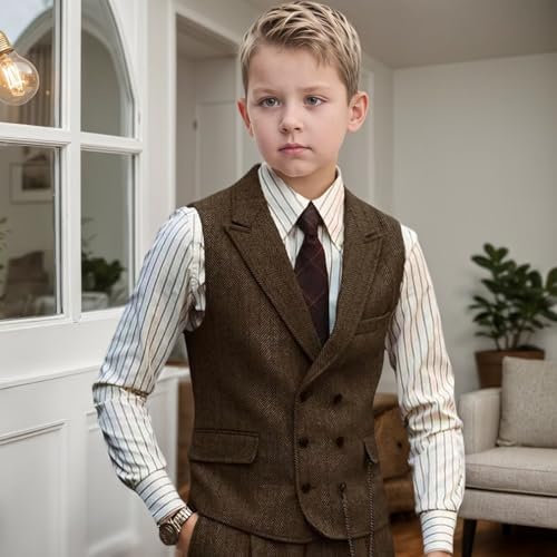 Boys Vest Vintage Tweed Toddler Little Kids Waistcoat Double Breasted Slim Fit Casual Vest Outfit2