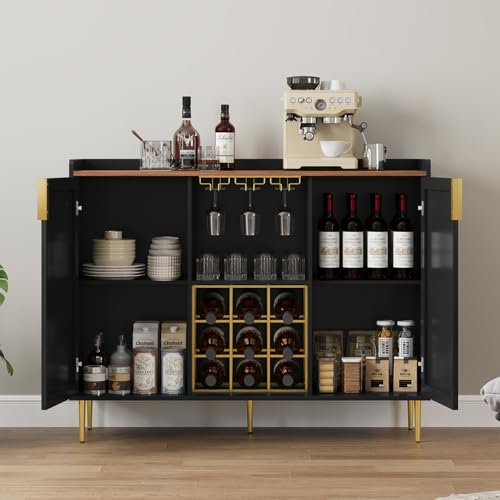Image of ARTPOWER 48 inch Wine Bar Cabinet with Fluted Texture, Modern Buffet Sideboard with Wine Rack and Glass Holder, Liquor Coffee Station with Storage for Kitchen, Living Room, Home Bar, Black