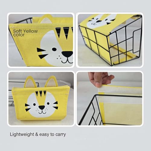 Image of Go Hooked Cute Yellow Tiger Design Storage Basket for Kids | Strong Metal Wire Organizer with Detachable Fabric Liner | Multipurpose Basket for Toys, Fruits, Snacks, Bathroom, Wardrobe & Home Decor
