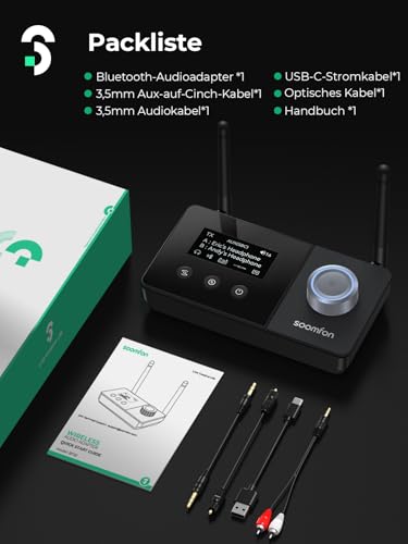 SOOMFON Bluetooth 5.3 Sender Empfänger mit Doppelantenne, 3-in-1 BT Audio Adapter für 2 Kopfhörer, Bluetooth Transmitter Receiver für TV/Stereoanlage, mit Bildschirm & Lautstärkeregelung, Aux/Optisch