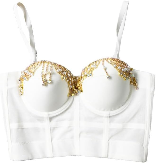 JSEIAJB Nightclub Disco Folk Dance Performance Tube Top Wearing Gold Chain Tassel Sexy Camisole with Chest Pad Top for Women