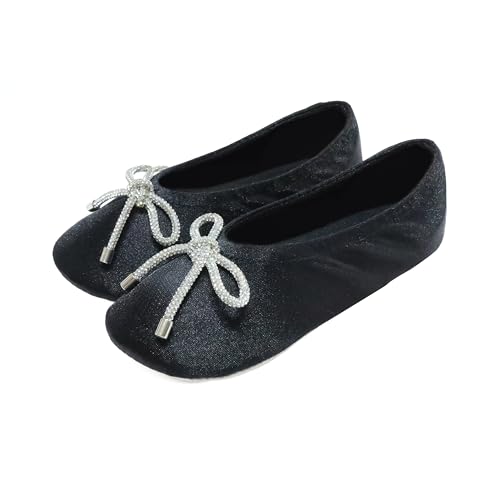 isotoner Women's Stretch Satin Ballerina Slippers with Sequin Bow, Suede Sole, and Terry Lining, Black, One Size2