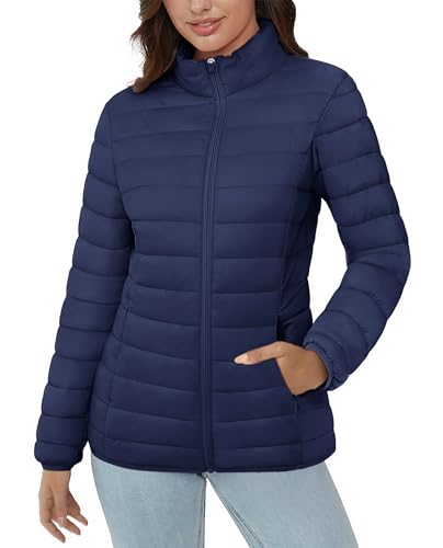MAGCOMSEN Puffer Jacket Women with 4 Pockets Quilted Padded Jacket Lightweight Full Zip Winter Long Sleeve Coat, Navy Blue M