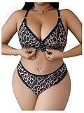 SOLY HUX Women's Plus Size Leopard Print Lingerie Set Sexy Lace Sheer Front Closed Bra and Panty 2 Piece Sets Brown Leopard 4X-Large Plus