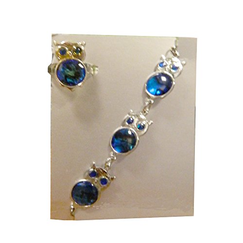 indischerbasar.de - Parure Opale Marine Cristal Bleu Hibou Trois pendentifs Bracelet Similicuir Bague Bleu argenté Bijoux Fantaisie