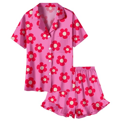 Umeyda Girls Satin Silky Collar V Neck Ruffle Short Sleeve Top and Shorts Sleepwear PJs, Rose Red Flower, 9-10 Years