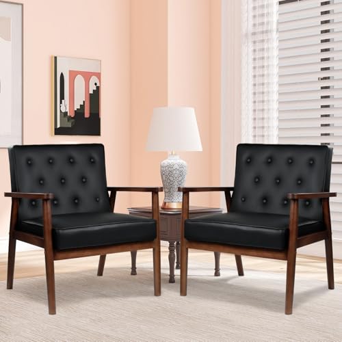 JIASTING Mid-Century Retro Modern Solid Wood Armrest Black Accent Chairs Set of 2, Faux Leather Arm Chairs for Living Room, Waiting Room Chairs (2, Black)