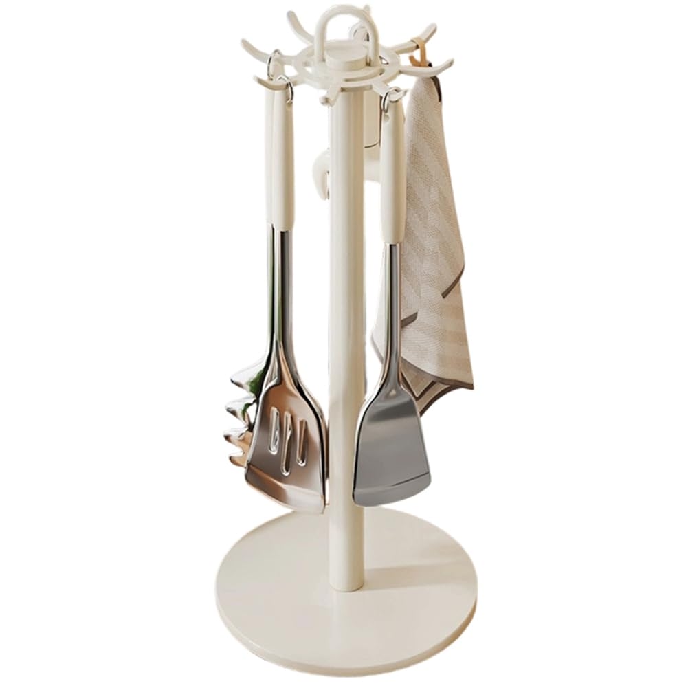 Hndhbfgrt Rotatable Cooking Utensils Stand Kitchen Utensil Hanger with 8 Hooks, for Countertop Organization Storage Space White