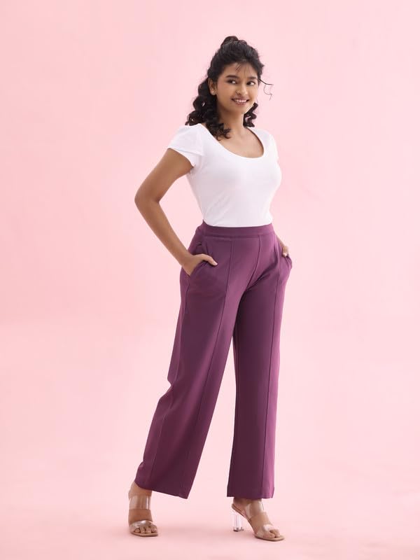 Image of GO COLORS Stretch Rayon Blend Ponte Wide Pants Full Length for Women| Breathable, High Rise