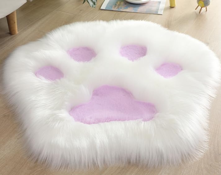 YUGWNN Dog Paws Rug Faux Fur Rugs for Bedroom，Shaggy Fluffy Rug，Kids Room Rug,White-Purple,60x60cm/23.6x23.6in