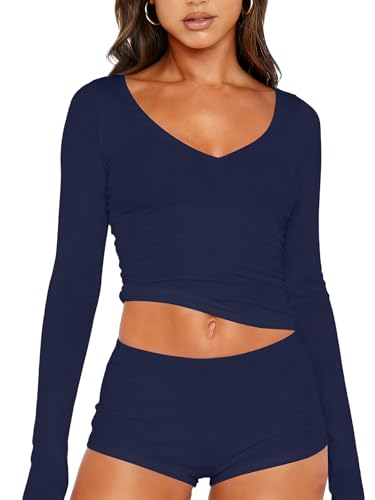 Image of Dressmine Sexy Pajamas Set for Women Spring Pj Lounge Sets 2 Piece Cute Sleepwear Long Sleeve V Neck Y2K Tops Shorts