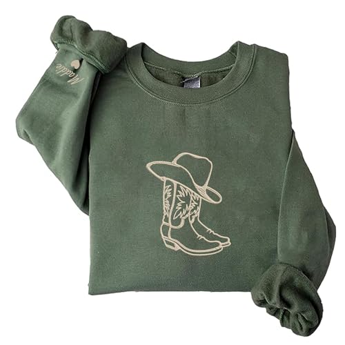 GodLover Personalized Embroidered Cowboy Sweatshirt, Cowboy Boots Hat Sweatshirt, Vintage Western Sweatshirt