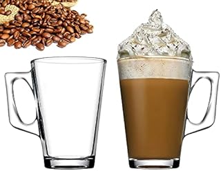Latte Glasses Set of 2 Tea & Coffee Cups 240ml Temperature Resistant Hot Drink Cafe Mugs with Handle Ideal for Milk Juice Ice Cream Latte, Cappuccino, Espresso and Hot Chocolate