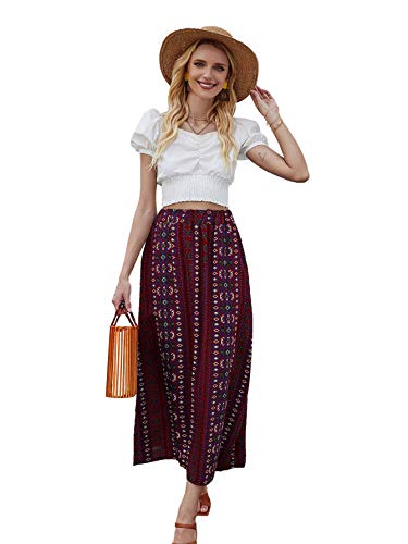 Milumia Women Boho Tribal Embroidery Elastic High Waisted Soft A Line Vacation Maxi Long Skirts Burgundy Small