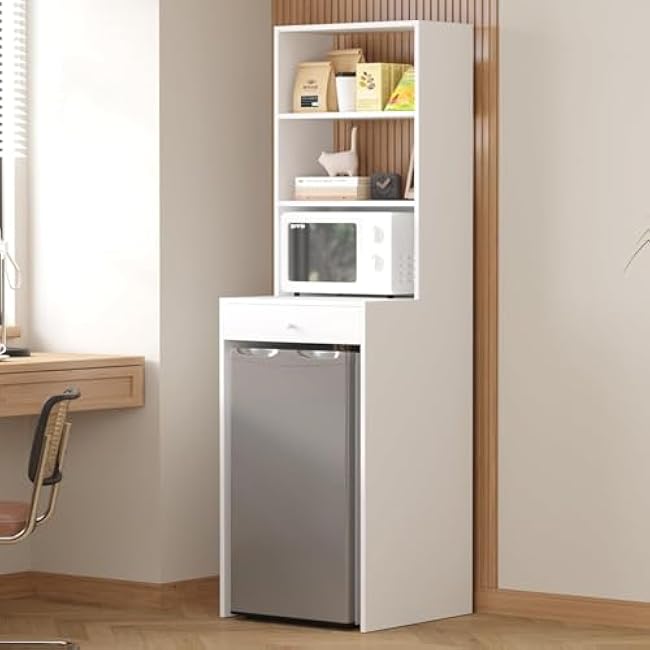 Mini Fridge Cabinet with Storage Shelves and Microwave Space ¨C Free Standing Cabinet with Drawer for Kitchen, Dorm, or Bar Use