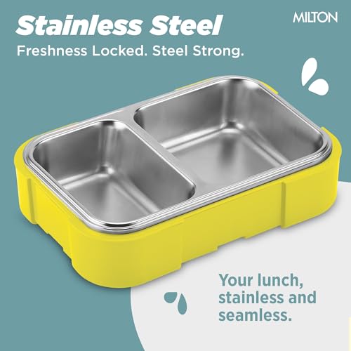 Image of MILTON Bravo 2 Inner Stainless Steel Tiffin Box for School, 2 Partition, Steam Release Plug | PU Insulated, Leak-Proof, Food Grade I Lunch Box for Kids Boys, Girls with Snap Lock Lid, 650 ml, Yellow