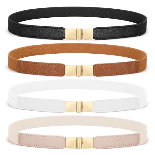 SUOSDEY 4 Pack Women Skinny Elastic Belt, Ladies Stretch Belt for Dresses Pants Thin Waist Gold Buckle Belt