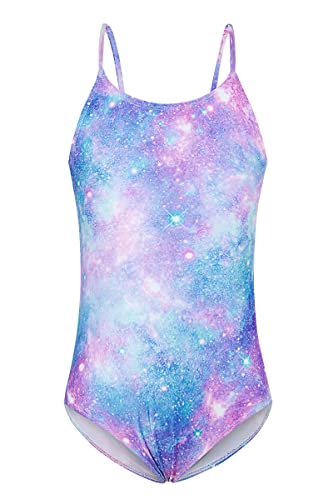 Image of RAISEVERN Galaxy Girls Swimming Costume Funny Beachwear Purple Pink Swimsuit Cute 3D Round Neck Sleeveless Swimming Wear, XL, 9-10 Years