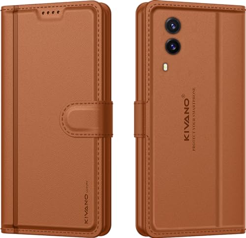 Image of KIVANO LUXE Compatible for Vivo V21e 5G Luxury Handmade Leather Magnetic Flip Folio Case | Card Holder & Kickstand | Slim Protective Cover | Unisex - Brown