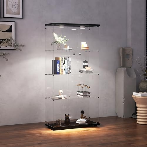 Shengrunner Frameless Glass Display Cabinet, Curio Cabinet Display Case with LED Lights and Lock, 2 Doors Quick-Install Floor Standing Showcase Display Shelf for Collectibles, Legos, Figures, Plants