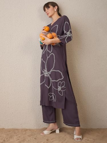 Image of INDO ERA Women's Straight Viscose Rayon Floral Embroidered Kurta & Palazzo Set (IESTR9981)