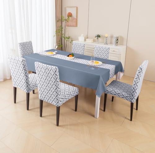 Image of HOMETHREADS Stretchable Elastic Jacquard Chair Seat Cover and Waterproof Dining Table Cover | Removable,Washable & Durable Chair Protector |for Dining Room (F Grey, 6Chairs+1Table Cover (150X220))