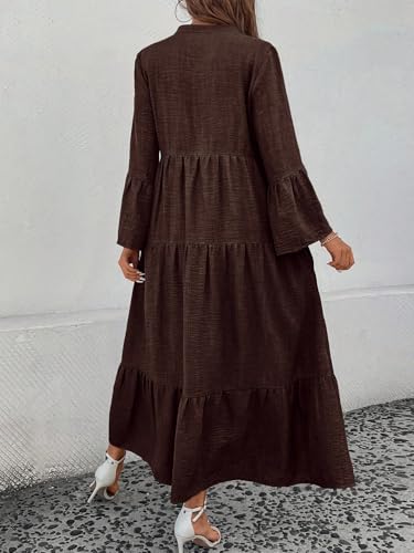 MARZXIN Women's Long Sleeve Maxi Shirt Dress Notched V Neck Single-Breasted Casual Loose Swing Maxi Dress2