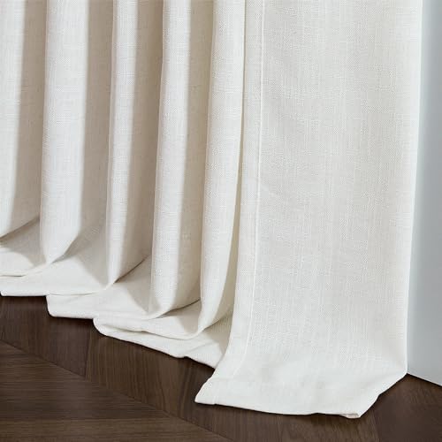 Image of 98 Inch Long Curtains Pinch Pleat Linen Curtains for Living Room Bedroom 2 Panels Natural Cream Light Filtering Privacy Neutral 98 Inch Pleated Drapes Hooks Rings Back Tab for Window Treatment