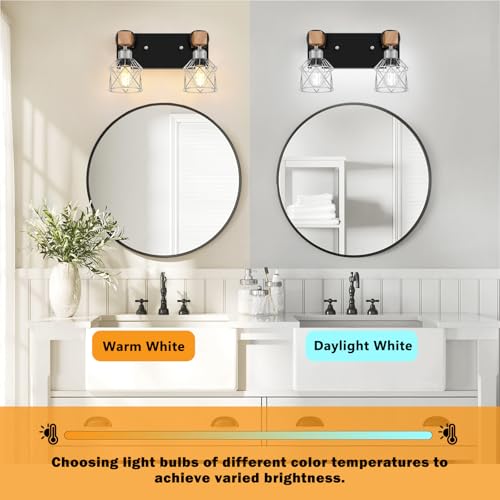 Image of FadimiKoo Farmhouse Bathroom Light Fixtures, Rustic 2-Light Wood Vanity Lights for Bathroom, Industrial Black Silver Wall Lighting with Metal Shade for Bedroom, Living Room, Hallway