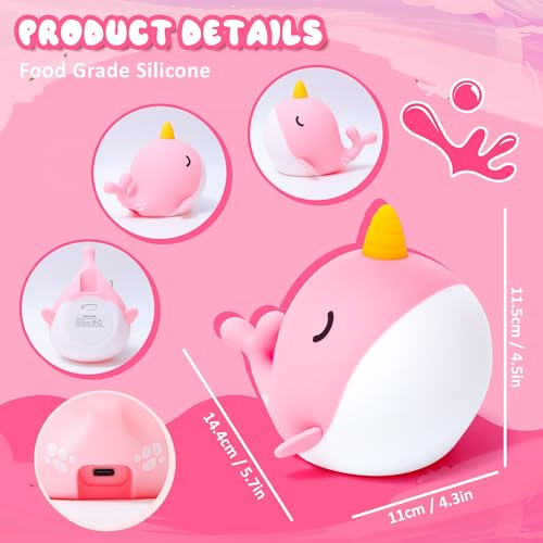 Image of Ammonite Pink Narwhal Night Light, Soft Silicone Whale Nursery Lamp with 3 Dimming Levels and 30-Minute Timer, Touch Control Nightlight for Bedroom Decor, Christmas Birthday Gift