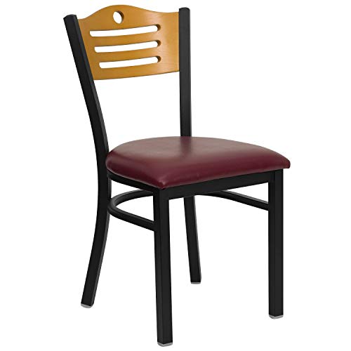 Image of Flash Furniture HERCULES Series Black Slat Back Metal Restaurant Chair - Natural Wood Back, Burgundy Vinyl Seat