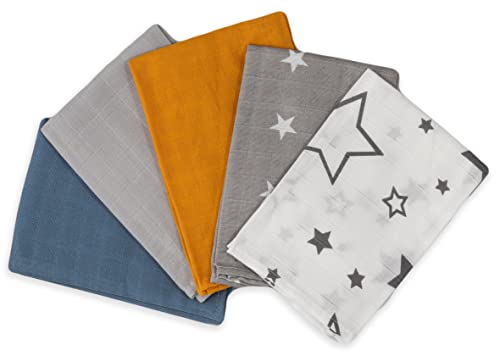 FENSILO Lot de 5 chiffons en mousseline pour bébé 34 x 34 cm, gants de toilette pour bébé en mousseline - Lingettes polyvalentes comme mouchoirs, chiffon à ténine, 100 % coton, chiffon spuctu bleu Cover
