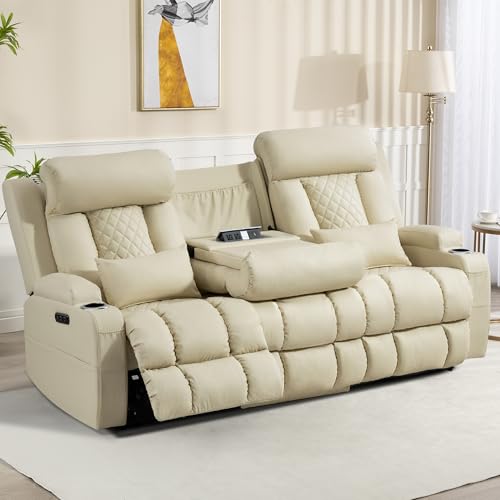 Image of Zero Wall Hugger Power Reclining Sofa with Adjustable Headrest, Electric Reclining Couch with Drop-Down Table,Outlets, Power Loveseat Recliner Sofa for Living Room (PU Beige, 3 Seat)