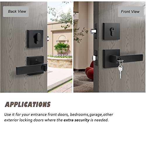 3 Pack Heavy Duty Entry Lever Door Handle And Single Cylinder Deadbolt Lock Set, Contemporary Square Keyed Alike Entry Door Handle Set With Deadbolt For Front Door Or Office, Matte Black Finish #TOP3