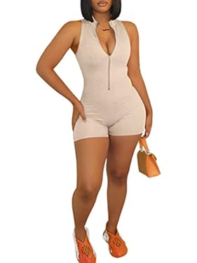 AMAZON - Rodawu Women Sexy Sleeveless Tank Top V Neck Ribbed Bodycon Jumpsuit Short Pants Zipper One Piece Outfits Romper Grey L