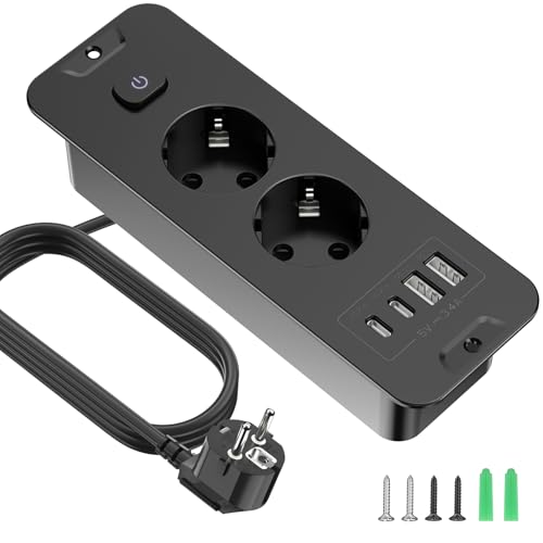 Inbyggt uttag med usb, bordsuttag med 2 uttag och usb, nedsänkt 4-i-1-trippeluttag för bordsskiva med 2 m förlängningssladd med brytare, inbyggt grenuttag för kontor och hem, svart