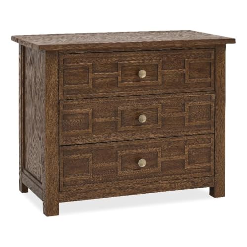 BOWERY HILL 3-Drawer Bachelor's Chest, Brown Wood Finish, Rustic Geometric Drawer Fronts, Cedar-Lined Bottom Drawer, Distressed Worn Saddle Tone, Compact Storage for Bedroom, Living Room, or Entryway