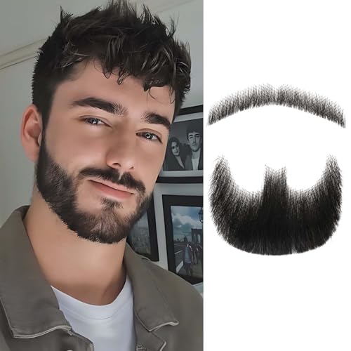 MODERN QUEEN Human Hair Beard Goatee, 100% Handmade Soft Lace Invisible Fake Beard, Highly Realistic Black Fake Mustache Goatee, For Makeup Cosplay Halloween Costume Party(Black)